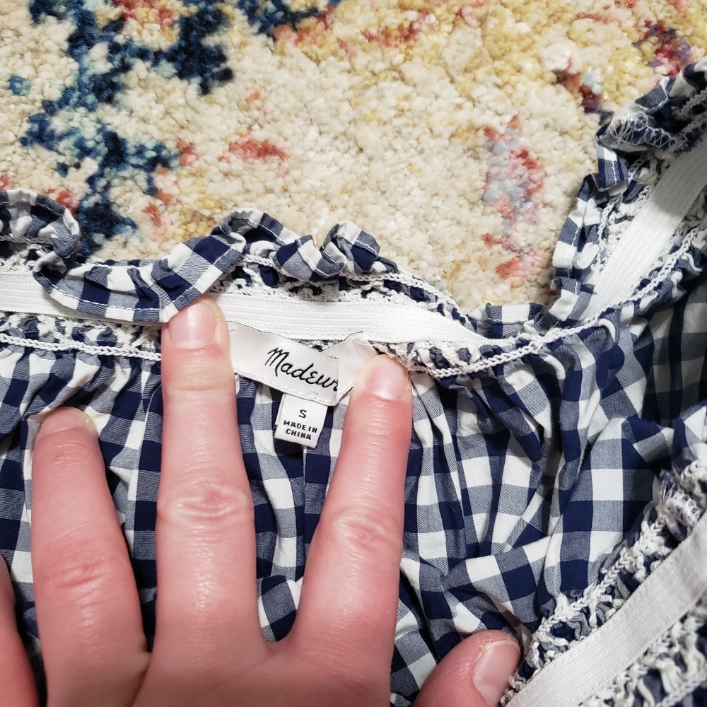 Madewell Smocked Gingham Off Shoulder Cropped Top Blue White Size Small - Picture 4 of 10